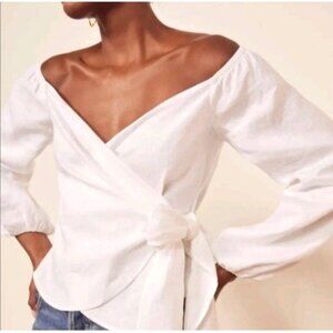 Reformation Women L Hart Top White Linen Wrap Blouse Off Shoulder Peasant EUC
